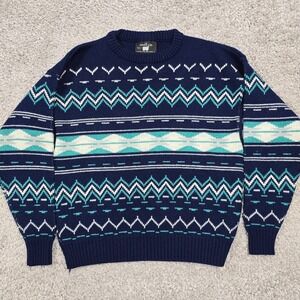 Aspen Lid Mens Wool Blend Geometric Knit Sweater Size Large Blue Après Ski Retro